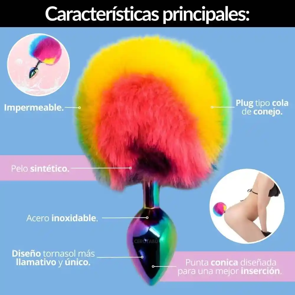 Plug Anal Con Cola De Conejo Arcoíris Talla S
