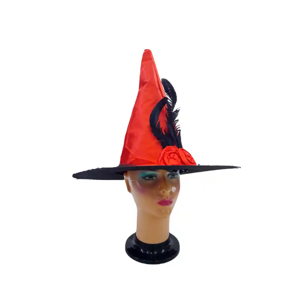 Sombrero Bruja Con Velo Y Flor Rojo