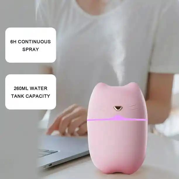 Mini Humidificador Forma De Gato 250ml Rosado + 1 Esencia Hidrosoluble