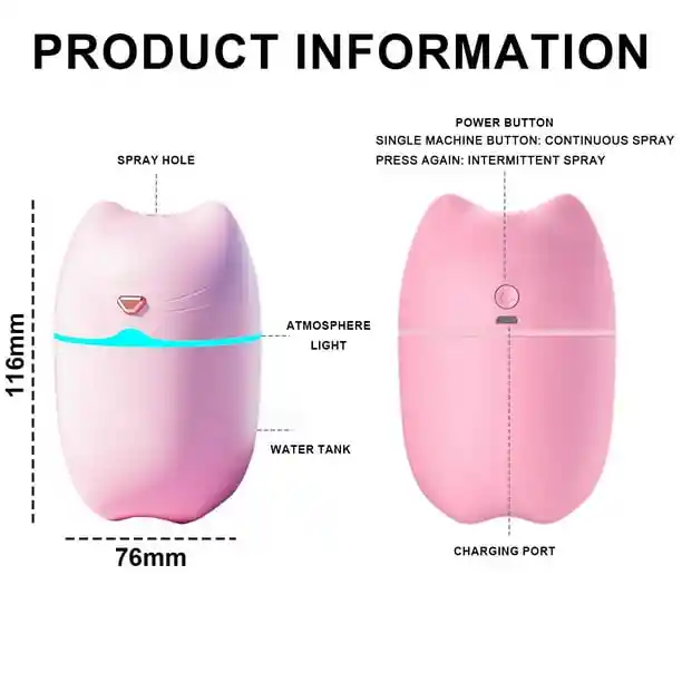 Mini Humidificador Forma De Gato 250ml Rosado + 1 Esencia Hidrosoluble