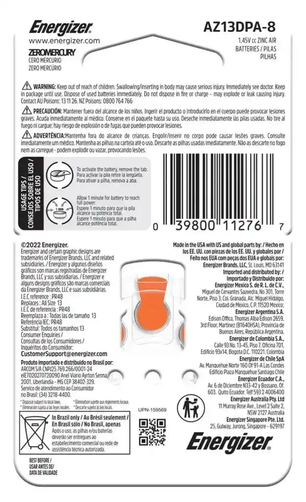 Pila Energizer Auditiva Modelo 13 13-bp8 Con 8 Unidades 1.45v 258 Mah Zinc Aire
