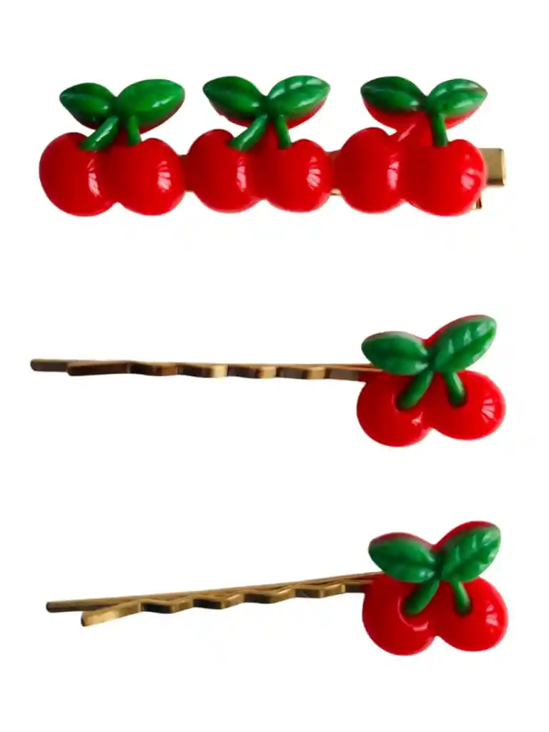 Set De 3 Pinzas Para El Cabello Cerezas Rojo Dorado