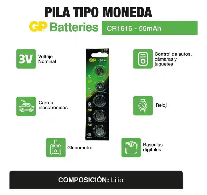 Pila Tipo Moneda Gp1616 Pila De Litio X 5und