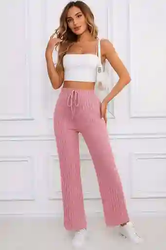 Pantalones Unicolor De Cintura Con Nudo Tejido De Canalé
