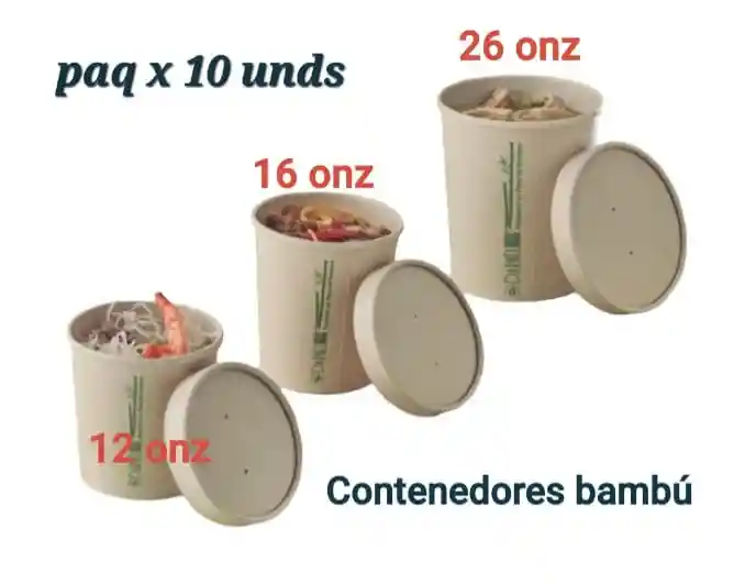 Envases 16 Onzas X 10 Unds , Tazas Bambú 16 Onzas Con Tapa, Contenedores 16 Onzas