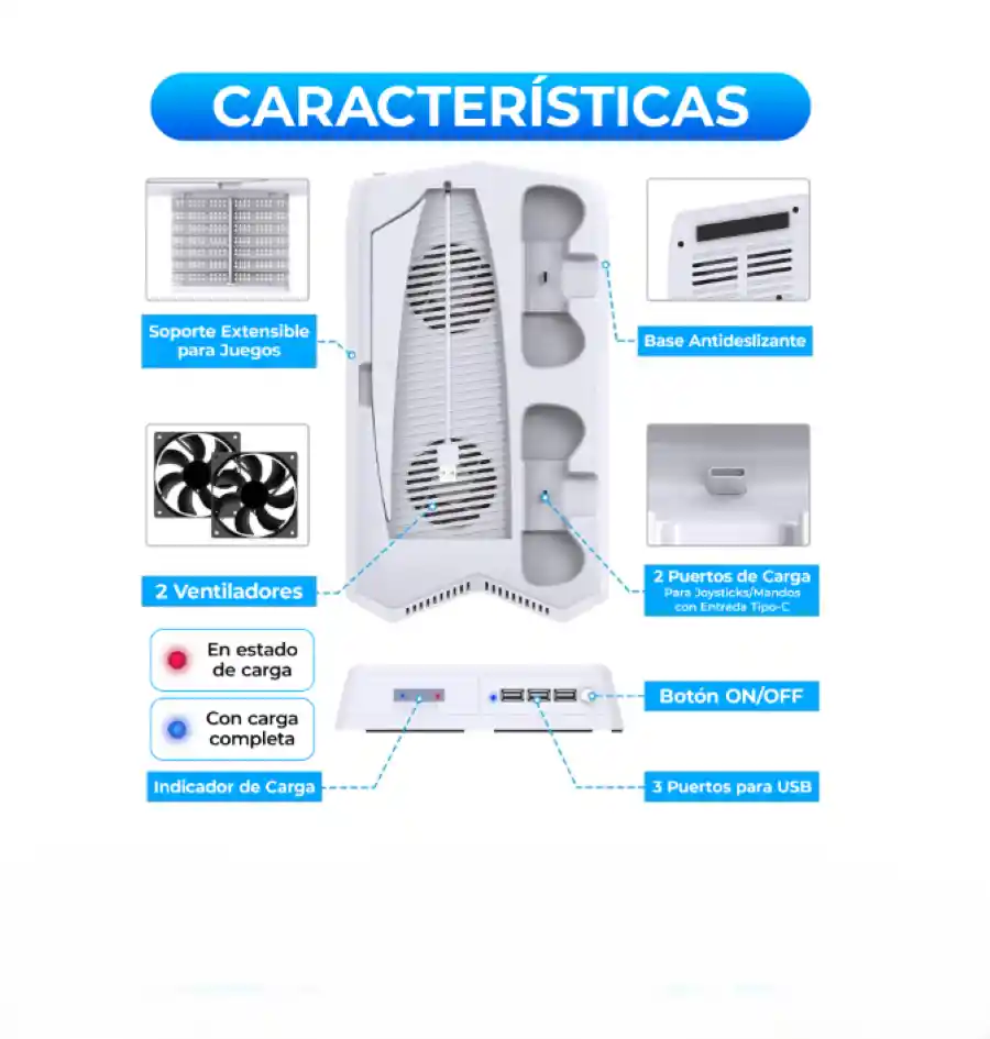 Base Refrigerante X2 Cooler Fan + Doble Cargador Para Controles Ps5 + Soporte Para Video Juegos X 3 Usb A