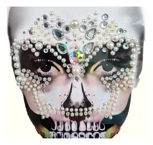 Disfraz Catrina, Diadema Flores + Gemas Rostro Día De Muertos Halloween