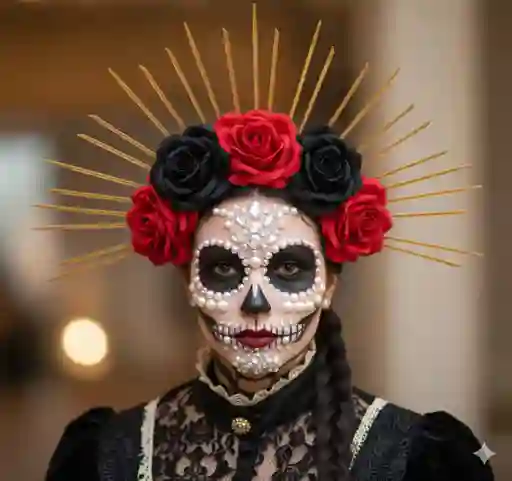 Disfraz Catrina, Diadema Flores + Gemas Rostro Día De Muertos Halloween