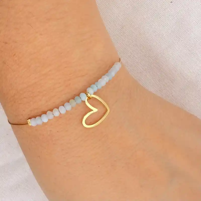 Pulsera Corazón Y Piedras Amazonita