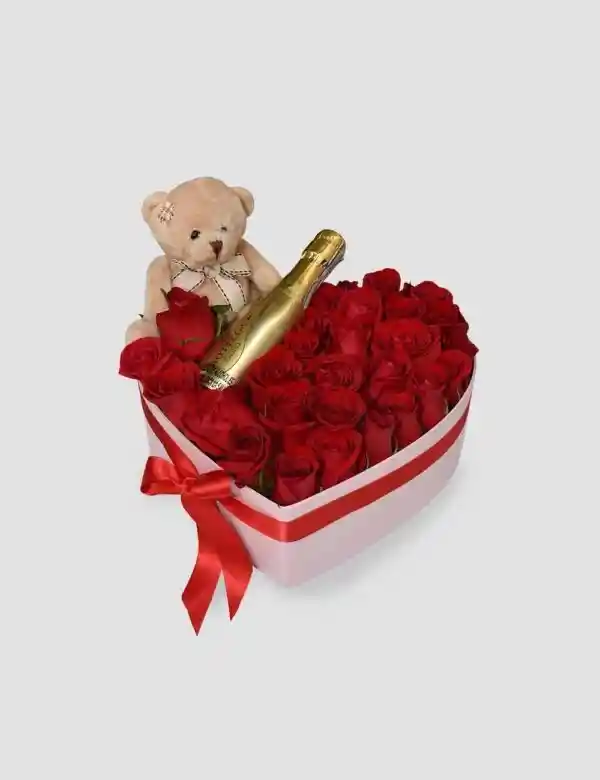 Caja De Corazon Con Rosas Rojas Con Peluche