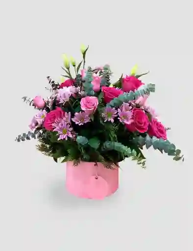 Caja Circular De Rosas Fucsias Y Margaritas