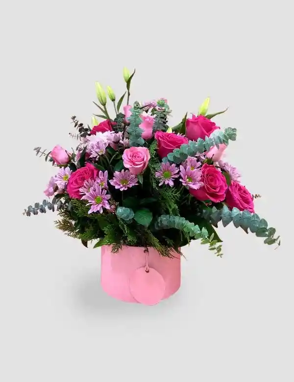 Caja Circular De Rosas Fucsias Y Margaritas