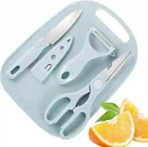 Juego De Cocina Tabla De Cortar Cuchillo Pelador Tijeras 4 Piezas
