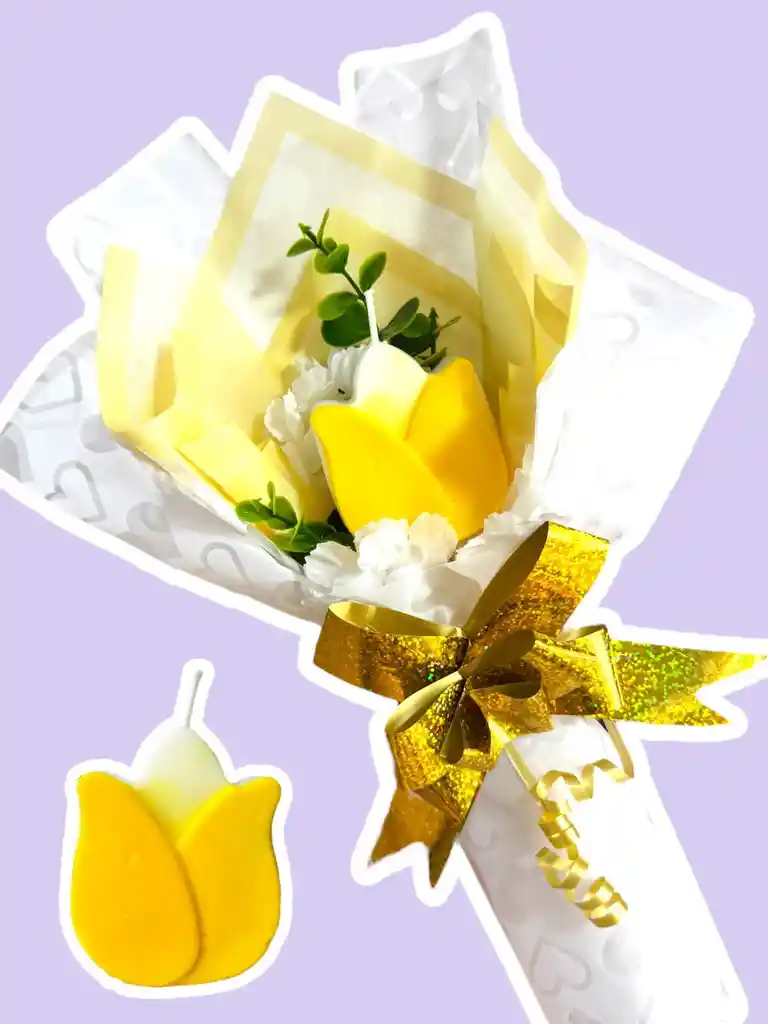 Regalo Ramo De Flores Amarillas Con Vela Tulipan - Feliz Dia - Feliz Cumpleaños - Amor Y Amistad