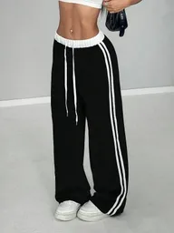 Joggers Deportivos Gris Oscuro De Cintura Alta Pretina Resortada Blanca