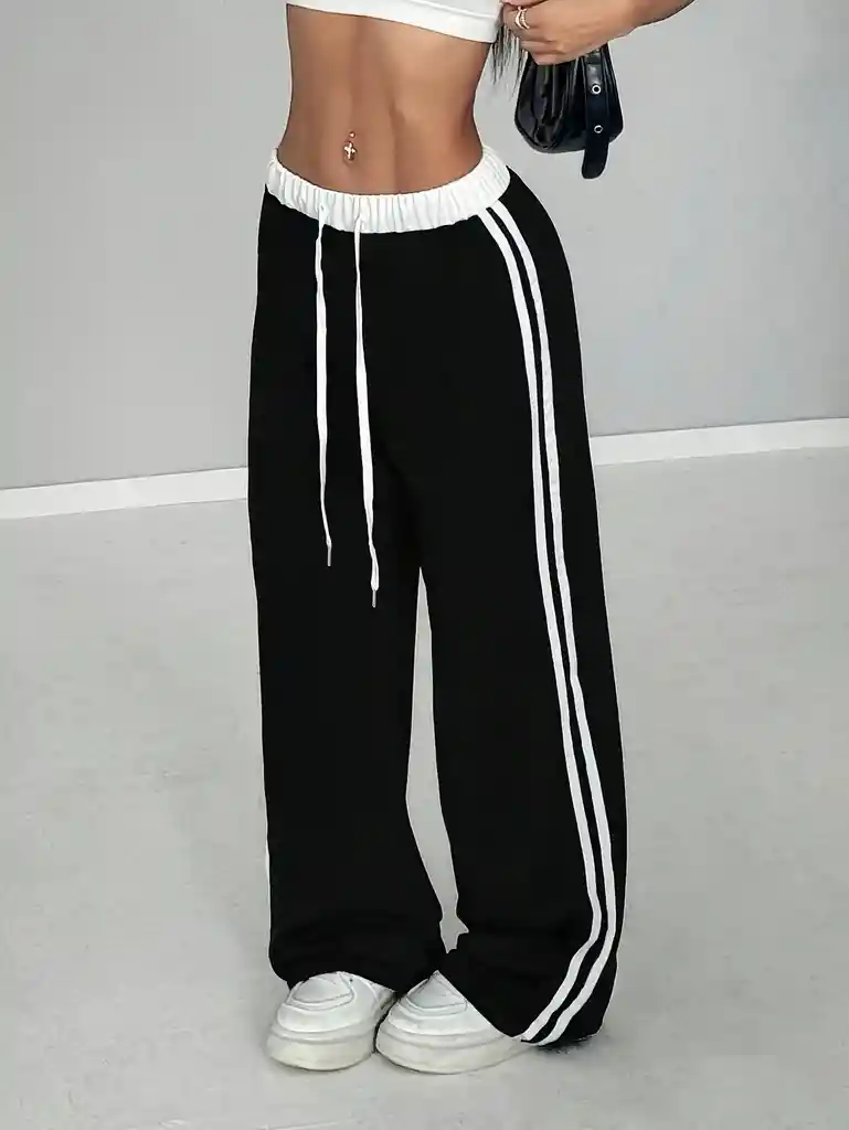 Joggers Deportivos Gris Oscuro De Cintura Alta Pretina Resortada Blanca