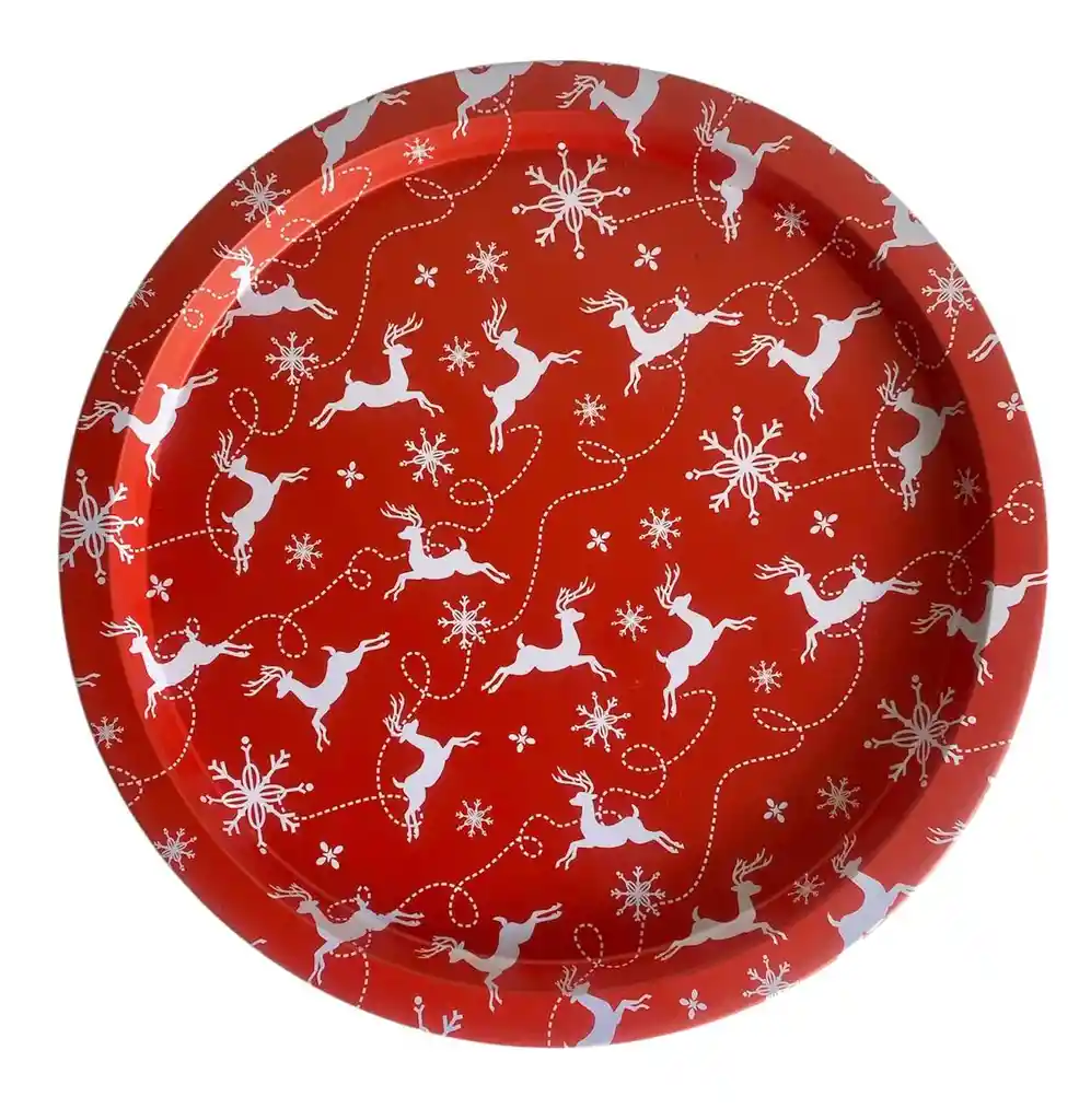 Bandeja Navideña Metálica 31 Cms Roja Renos Blancos