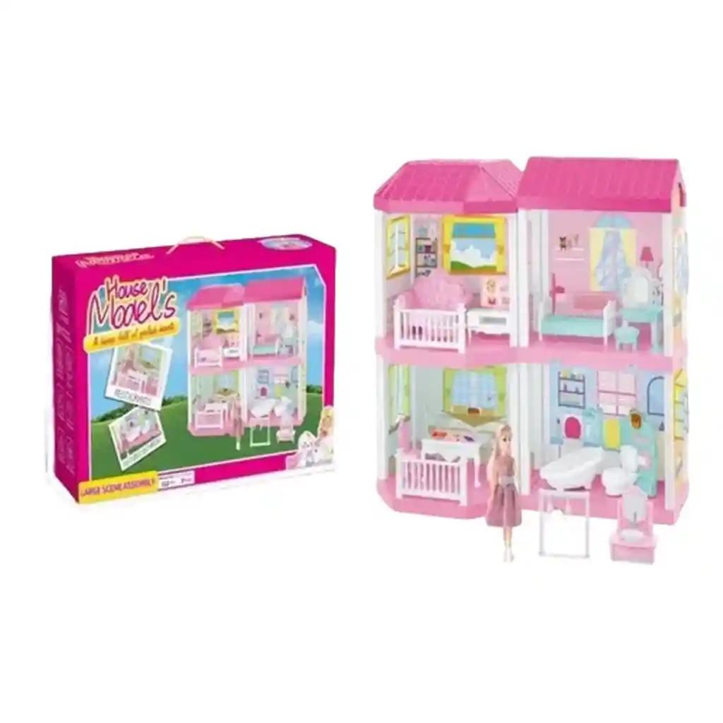 Casa De Muñecas 4 Pisos Con Muebles Y Figuras, 136 Piezas