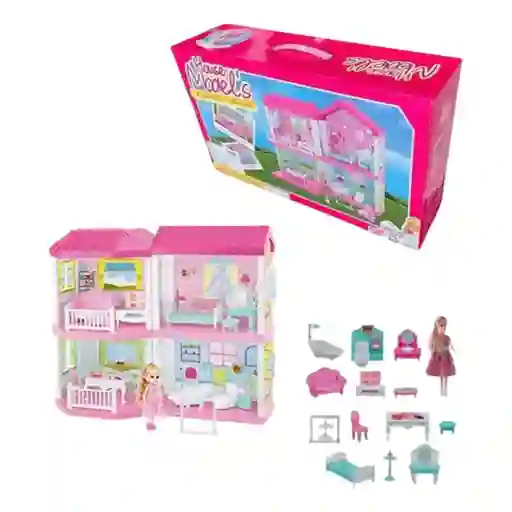 Casa De Muñecas 4 Pisos Con Muebles Y Figuras, 136 Piezas