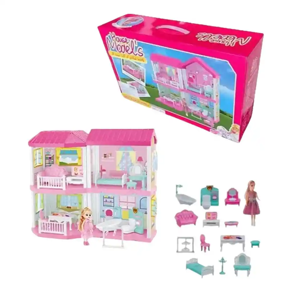 Casa De Muñecas 4 Pisos Con Muebles Y Figuras, 136 Piezas