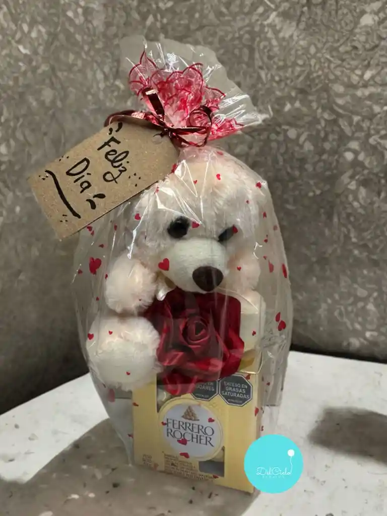Regalo Detalle Sorpresa De Feliz Día Ferrero, Flor Y Oso