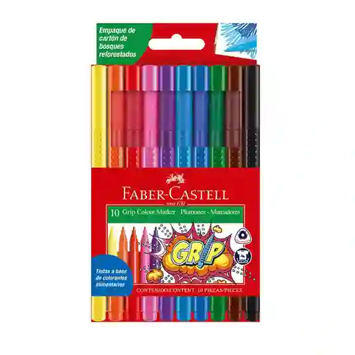 Plumones Marcadores Grip Punta Fina X 10 Und Faber Castell