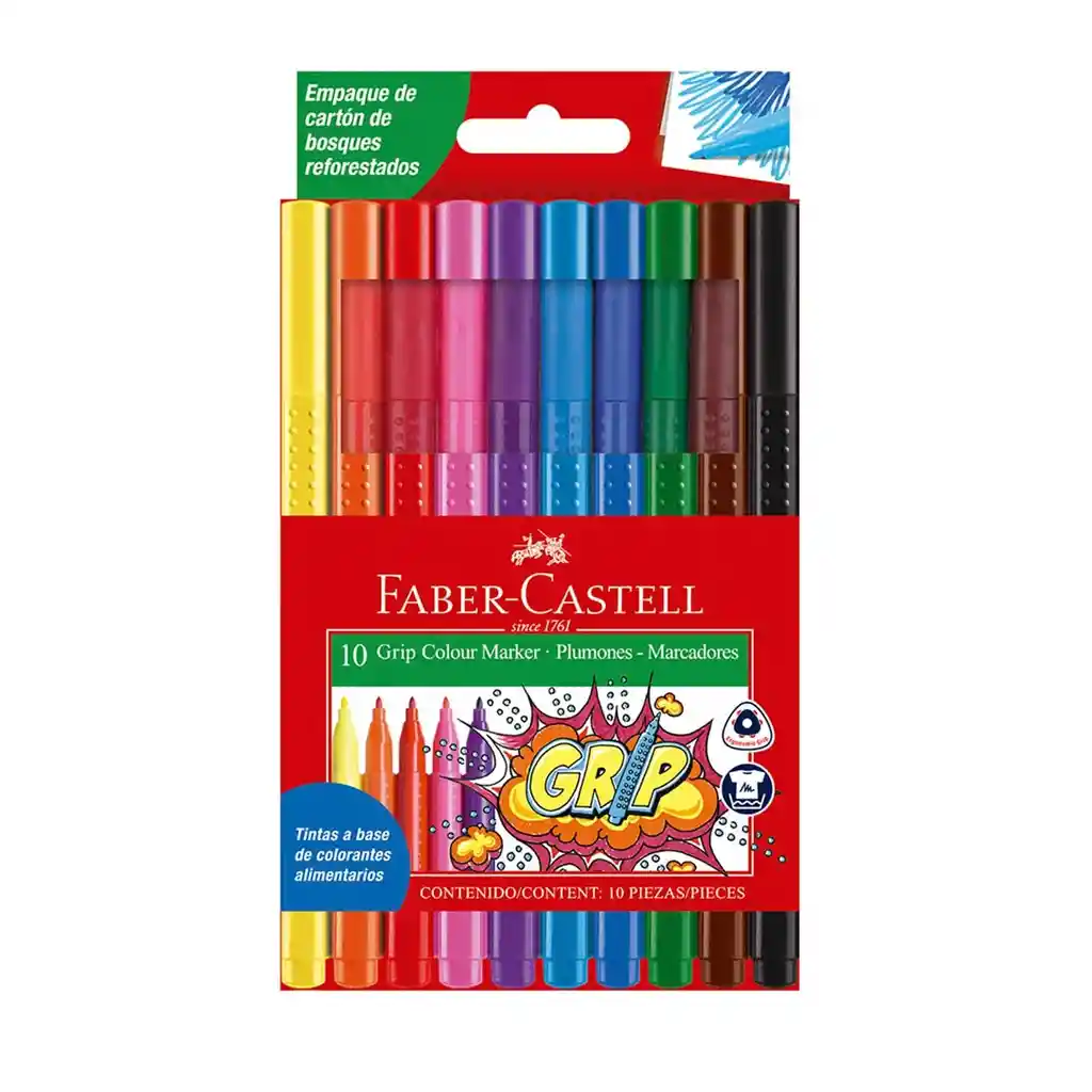 Plumones Marcadores Grip Punta Fina X 10 Und Faber Castell