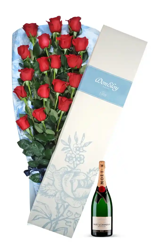 Caja Azul X 18 Rojas + Champaña Moet 750