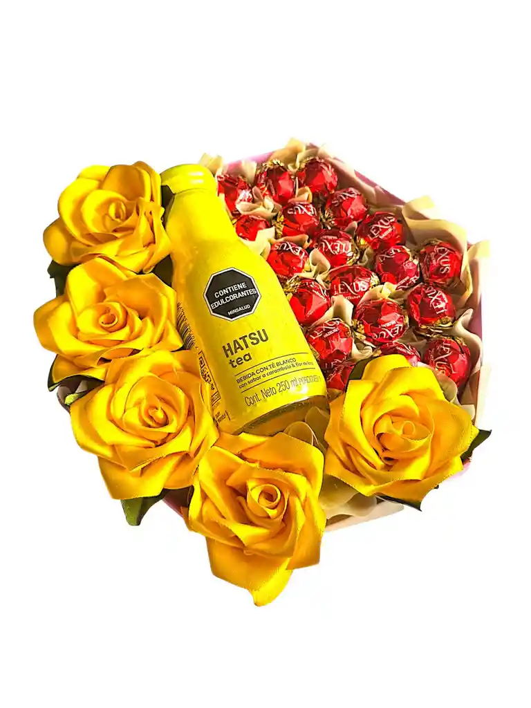 Regalo Especial Corona De Flores Amarillas Con Chocolates Y Te Hatsu - Feliz Dia - Feliz Cumpleaños - Amor Y Amistad - Flores Amarillas