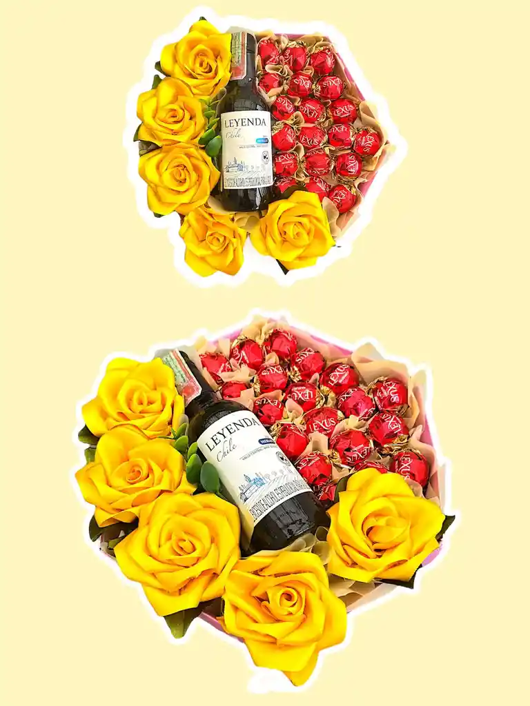 Regalo Especial Corona De Flores Amarillas Con Chocolates Y Vino - Feliz Dia - Feliz Cumpleaños - Amor Y Amistad - Flores Amarillas