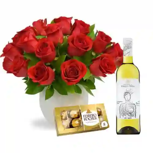 Bouquet Rosas En Matera Cerámica Con Vino Y Chocolates