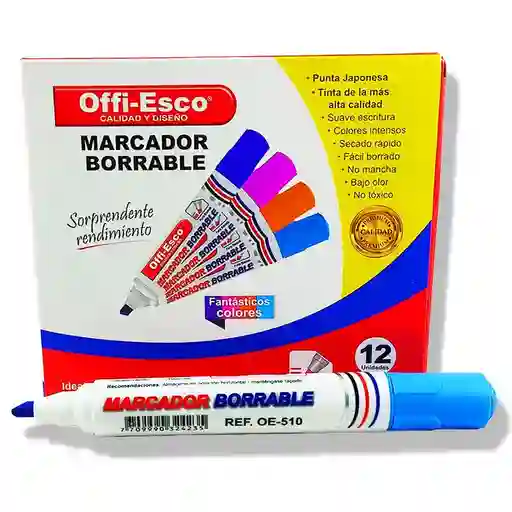 Marcador Borrable Punta Gruesa Color Azul Claro Marca Offiesco