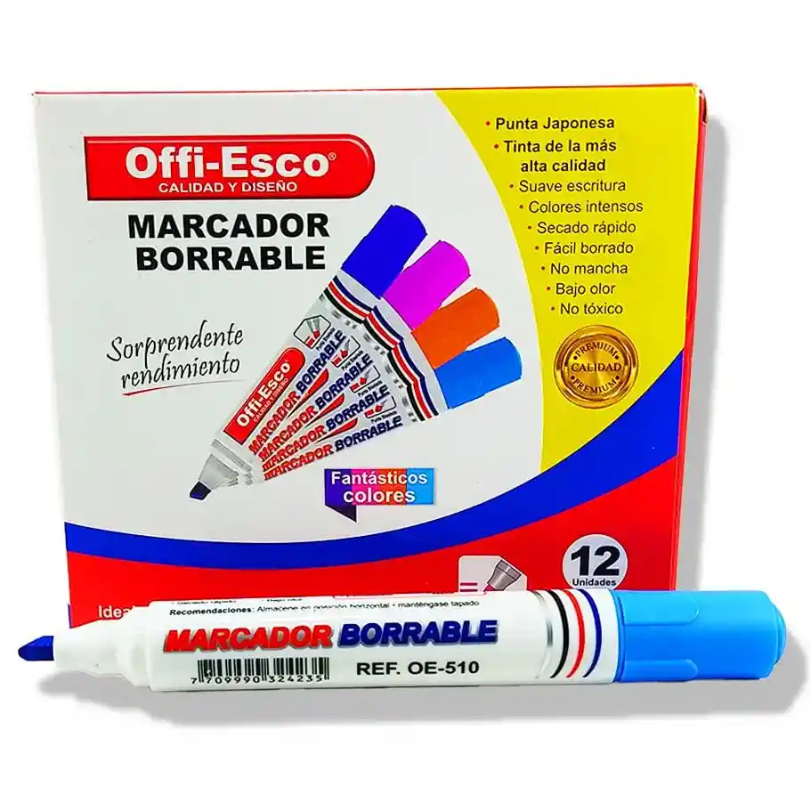 Marcador Borrable Punta Gruesa Color Azul Claro Marca Offiesco