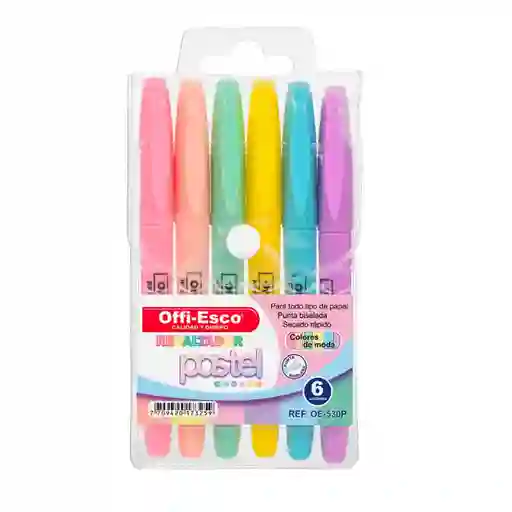 Set De 6 Resaltadores Colores Pastel Offi-esco Con Punta Biselada Y Tinta Alemana De Secado Rápido