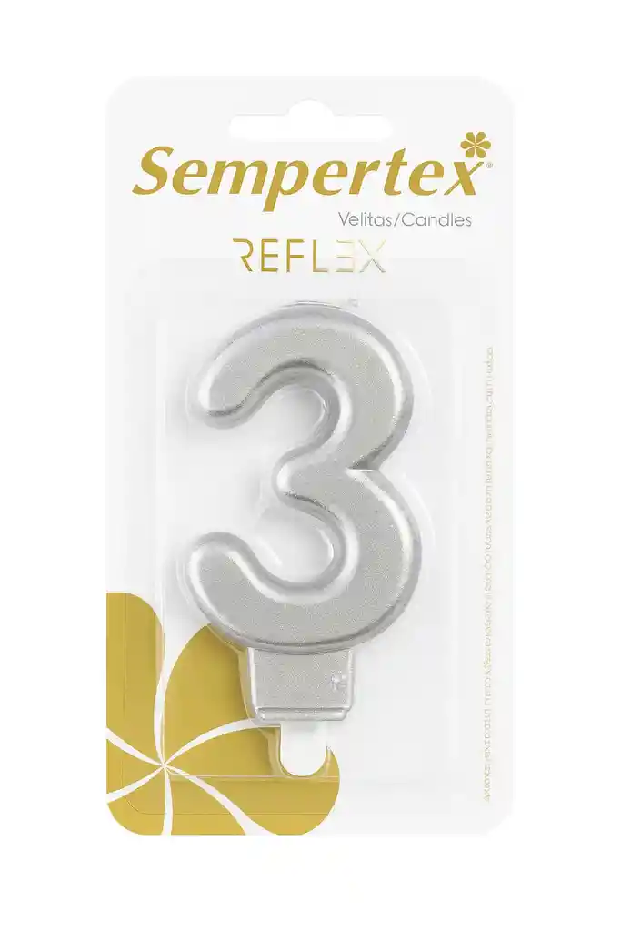 Vela Numérica Reflex Plateada Sempertex “3” – 9 Cm