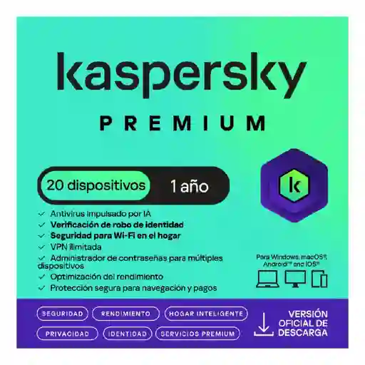 Antivirus Kaspersky Premium 20 Dispositivos 1 Año