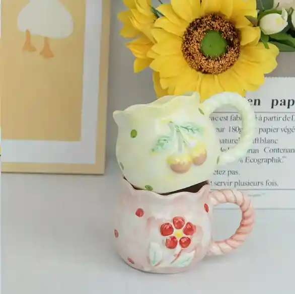 Mug Taza De Cerámica Amarillo Con Flor De Cereza