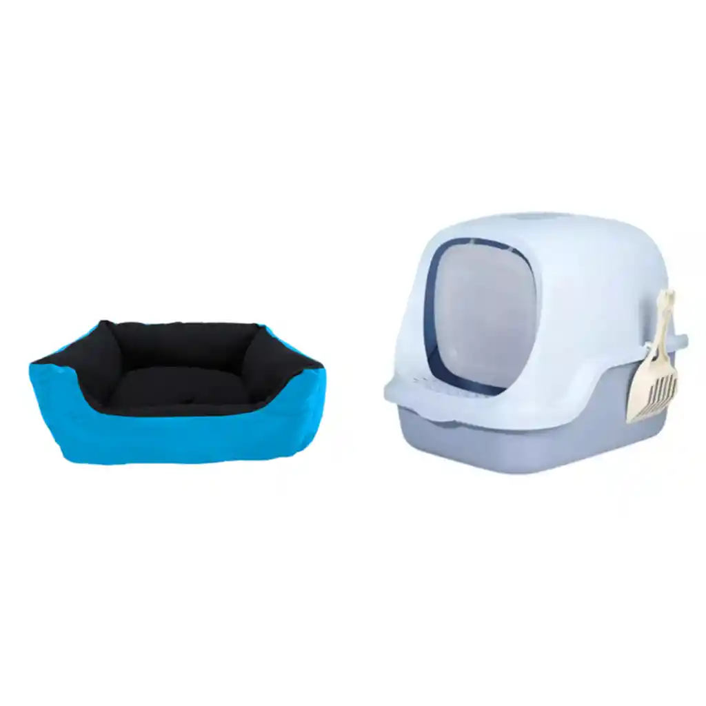 Combo Baño Arenero Con Filtro Mas Cama Mediana Impermeable Celeste