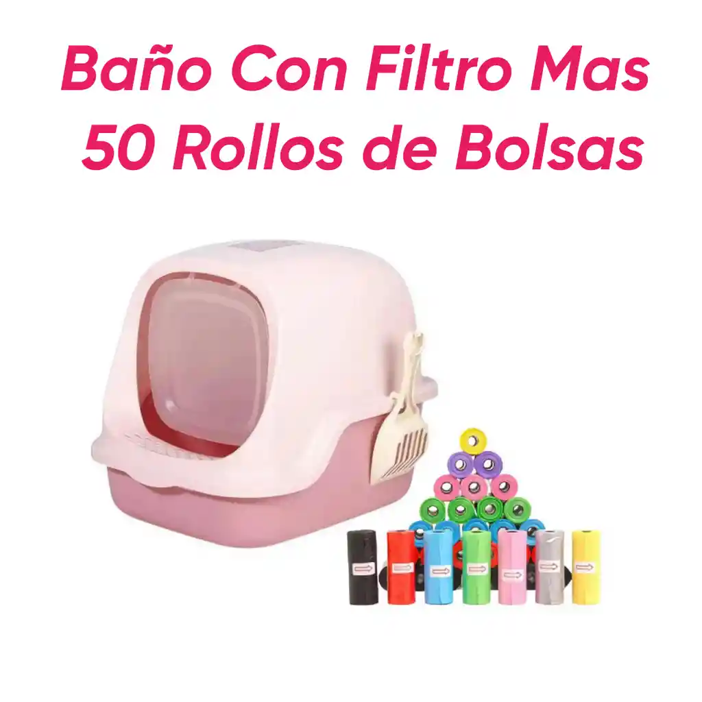 Baño Arenero Con Filtro Mas 50 Rollos De Bolsas Rosado