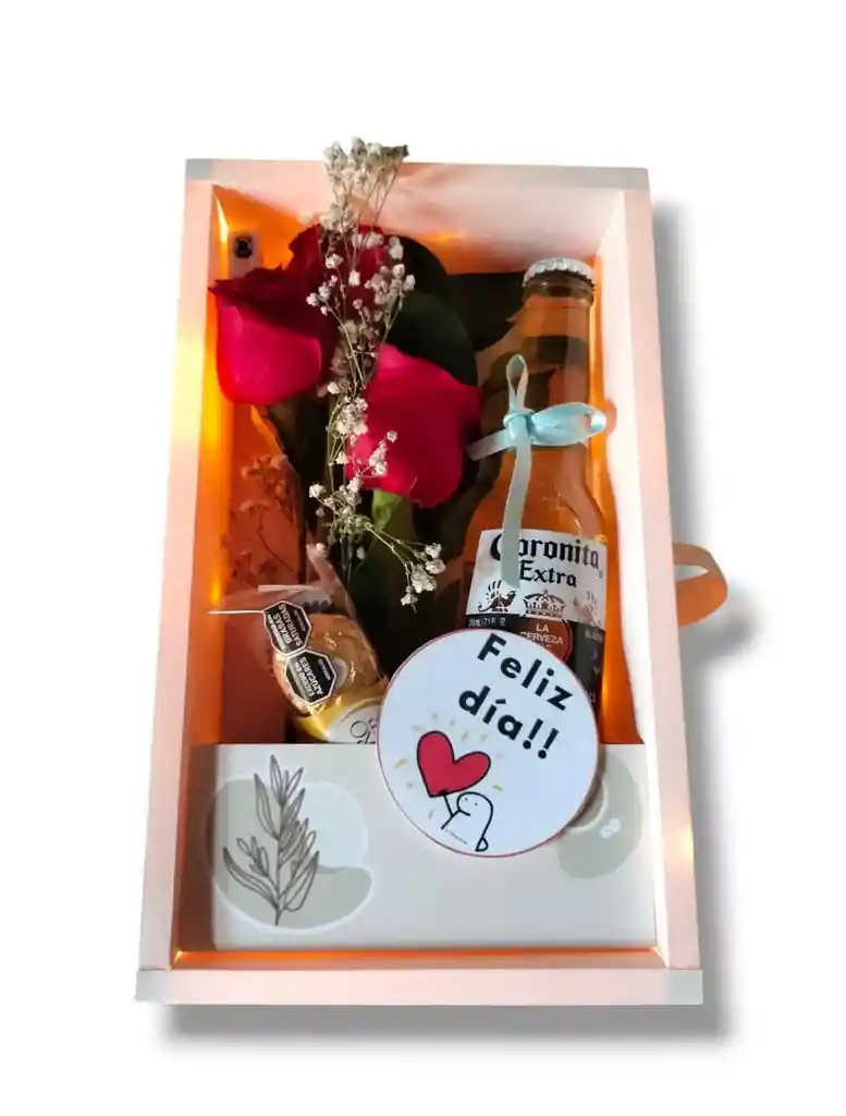 Caja Con Luces, 3 Unidades Rosas , Coronita 210 Ml ,chocolates X 3.