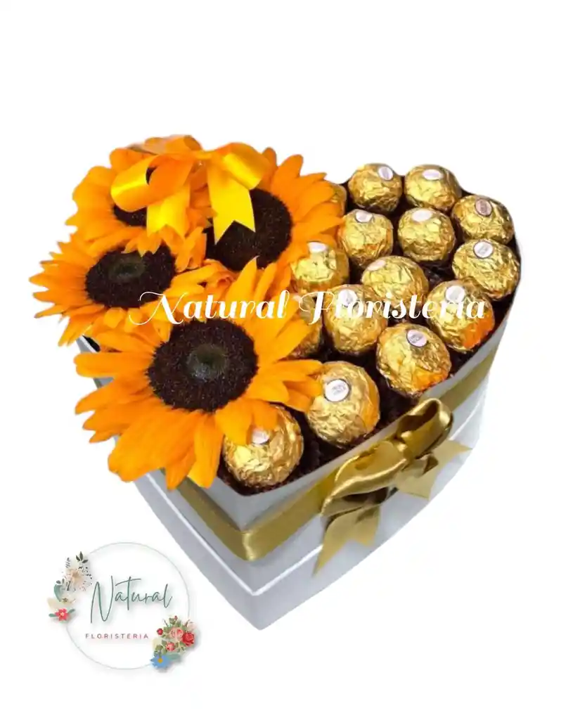 Corazón Blanco De 4 Girasoles 12 Chocolates