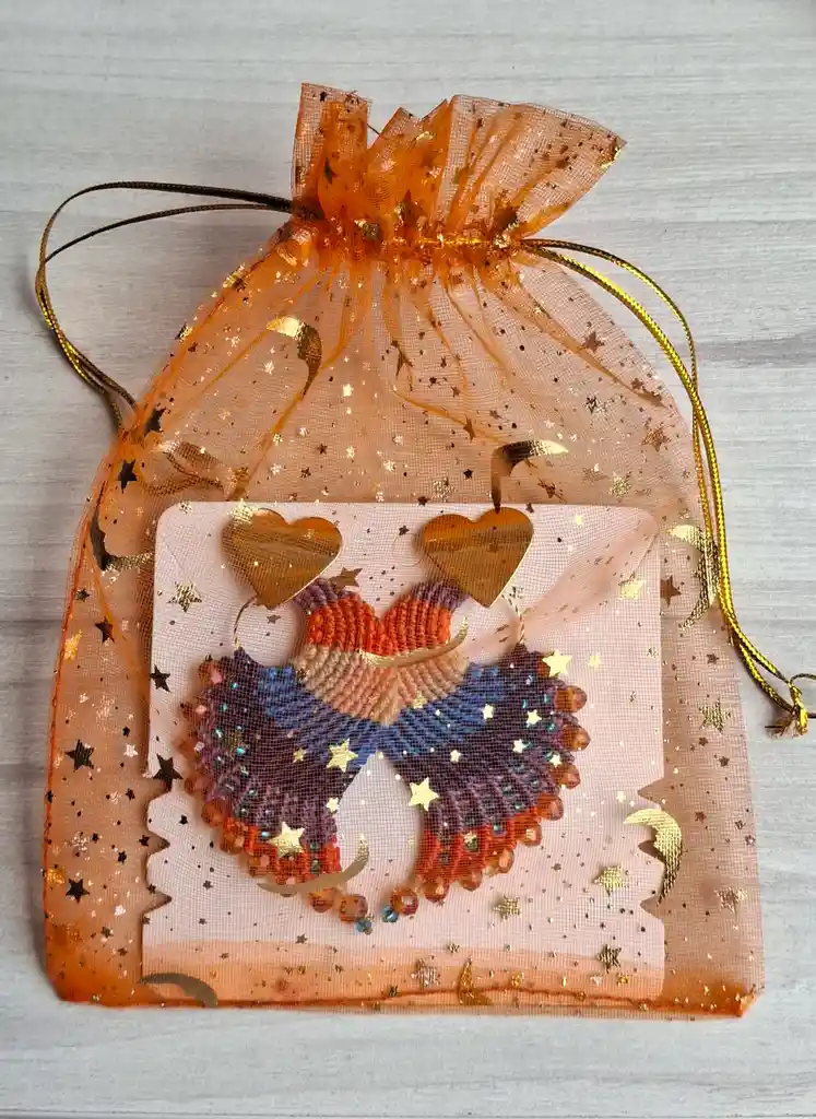 Aretes Alitas, Pavo Reales, Alas De Ángel En Micro Macramé, Cielo De Mandarina