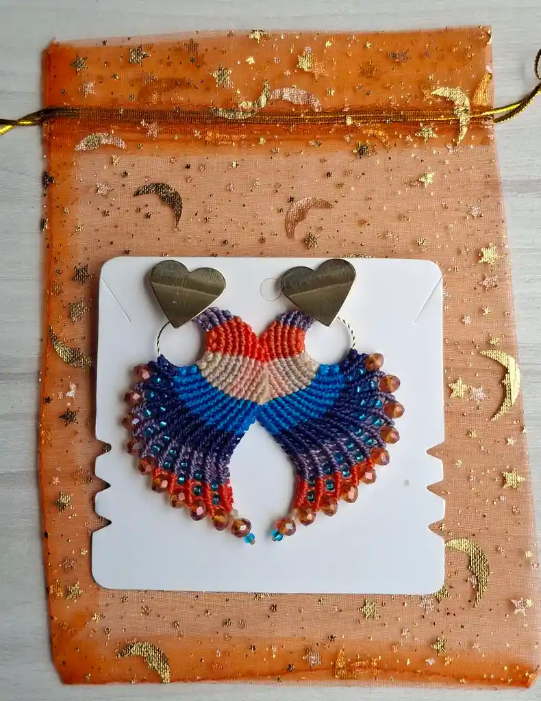 Aretes Alitas, Pavo Reales, Alas De Ángel En Micro Macramé, Cielo De Mandarina