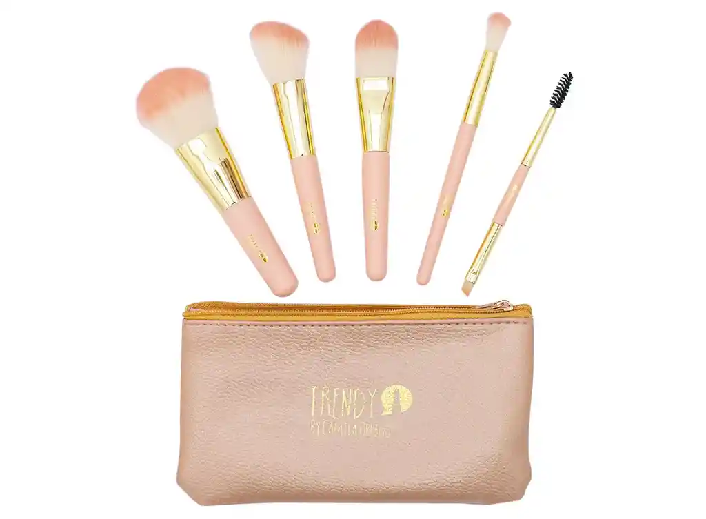 Kit X 5 Brochas Mini Rosado Kt5 Con Cosmetiquera Trendy