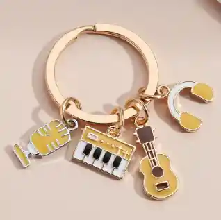 Llavero Diseño De Música Micrófono, Guitarra, Piano Y Auriculares Amarillo Para Hombre O Mujer Para Llaves