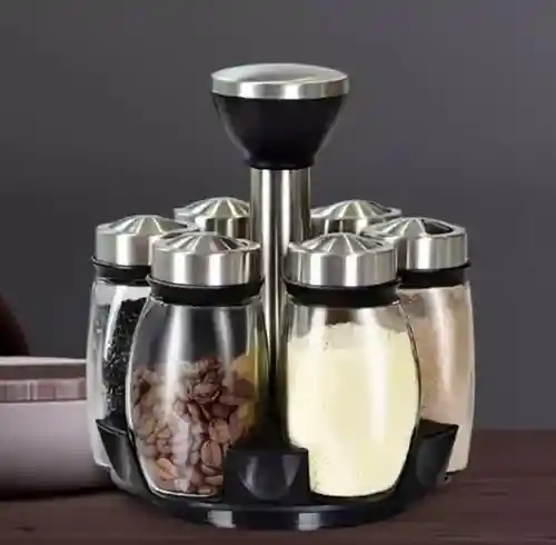 Set Condimentero 6 Piezas En Vidrio Elegante Giratorio 360 Grados