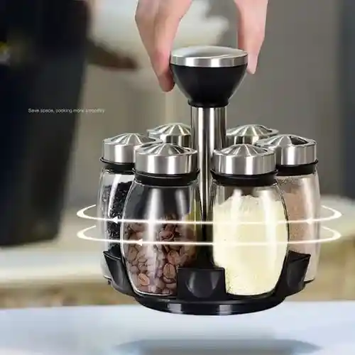 Set Condimentero 6 Piezas En Vidrio Elegante Giratorio 360 Grados