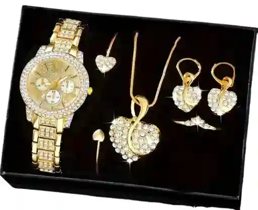 Kit Reloj Dorado Para Mujer + Juego De Collar Aretes
