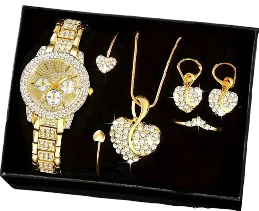 Kit Reloj Dorado Para Mujer + Juego De Collar Aretes
