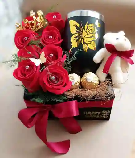 Ancheta Con Vaso Termico Negro Y Rosas